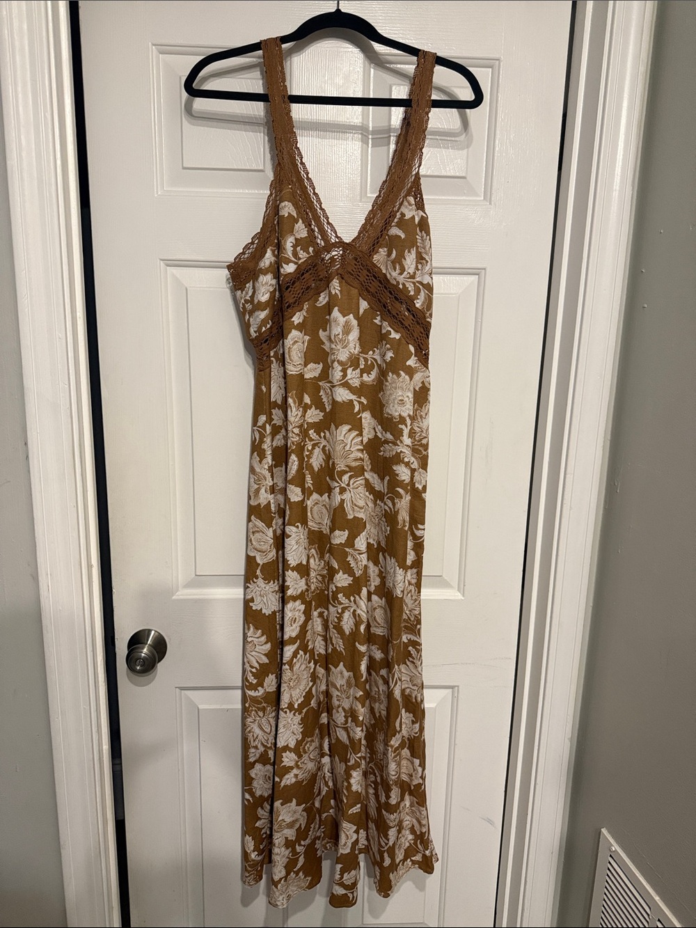 LOFT Brown Floral Maxi Dress with White Print and Crochet Trim